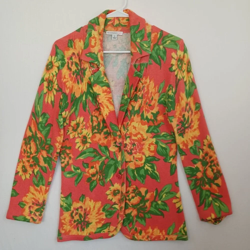 Isaac Mizrahi Live Sweater Cardigan Two Button Collared Salmon Yellow‎ Floral Sm